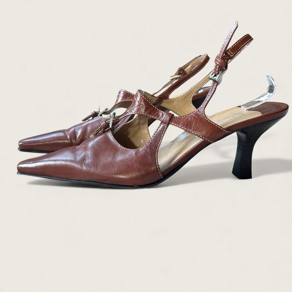 Y2k Vintage Franco Sarto Brown Leather Slingback Heels T-Strap Pointed Toe 7.5 - Picture 5 of 7